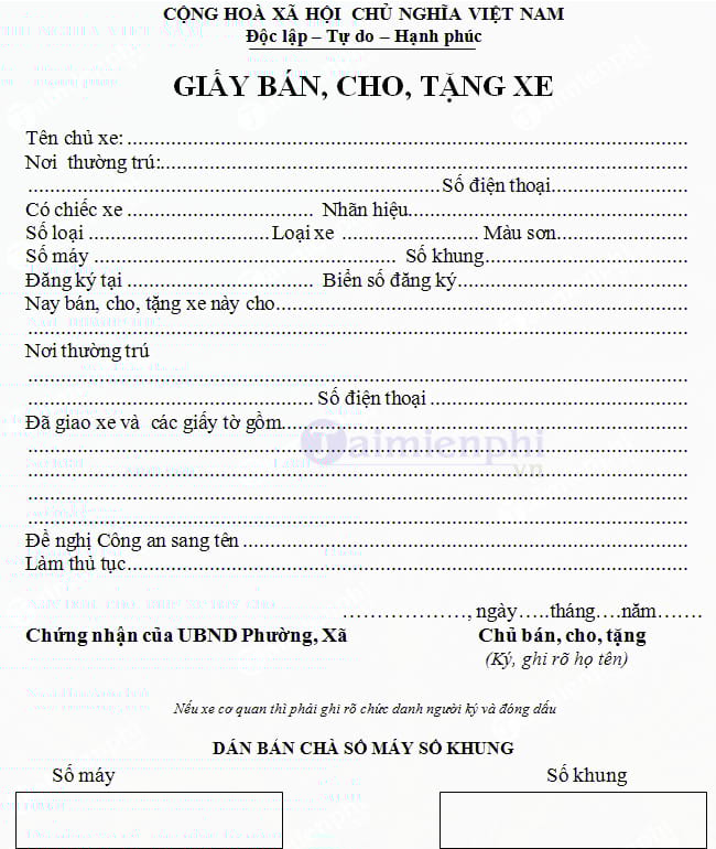 Giấy cho tặng xe