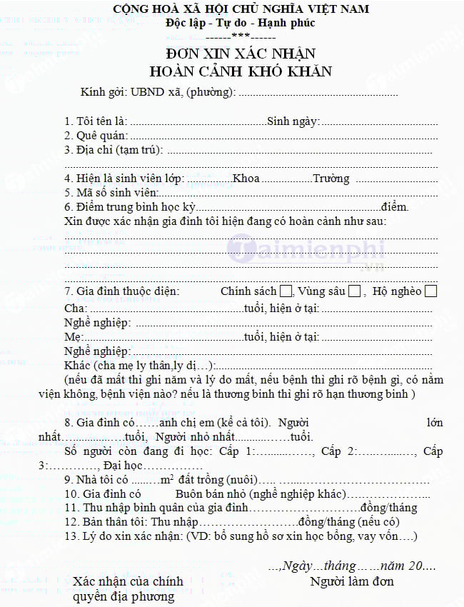 Đơn xác nhận hoàn cảnh khó khăn