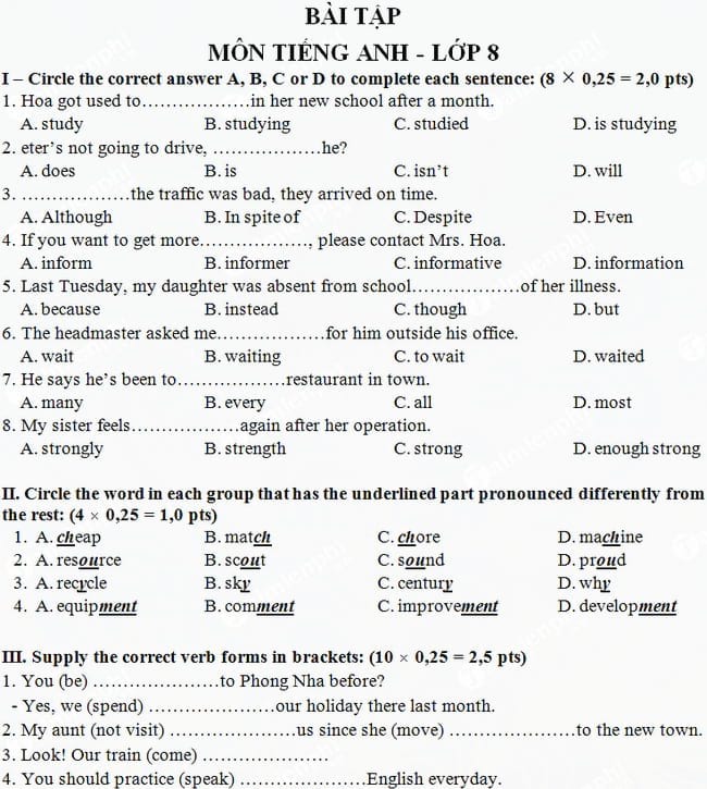 Bài tập Tiếng Anh lớp 8