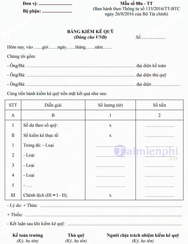 Bảng kiểm kê quỹ dùng cho VND mẫu số 08a-TT