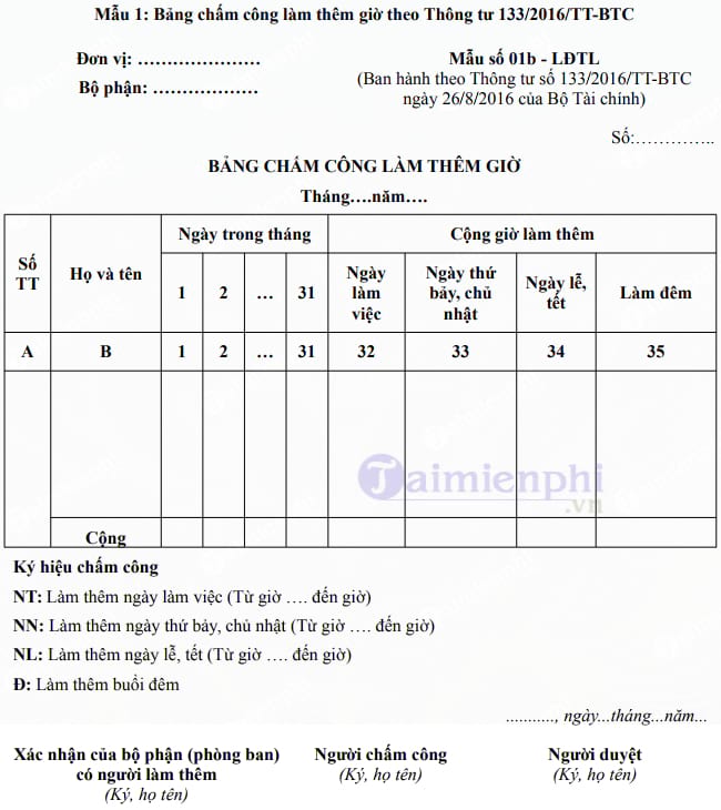 Mẫu bảng chấm công làm thêm giờ