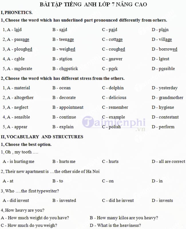 Bài tập Tiếng Anh lớp 7 nâng cao