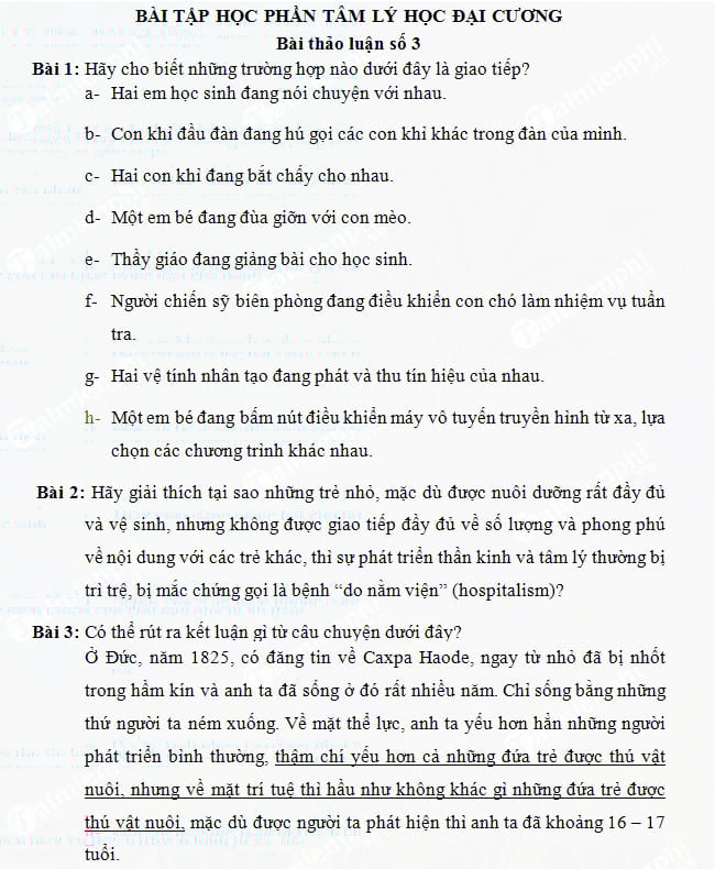 Bài tập học phần tâm lý học đại cương