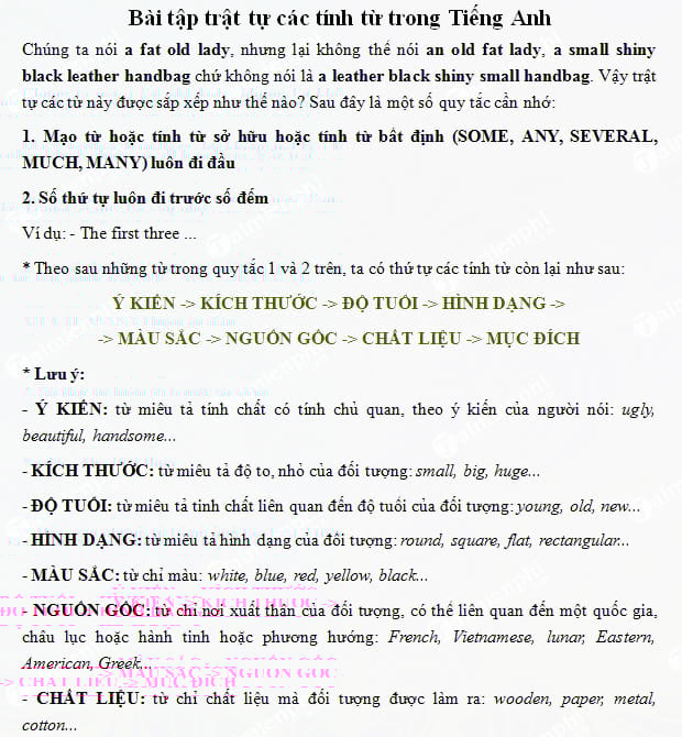 Bài tập trật tự tính từ trong Tiếng Anh