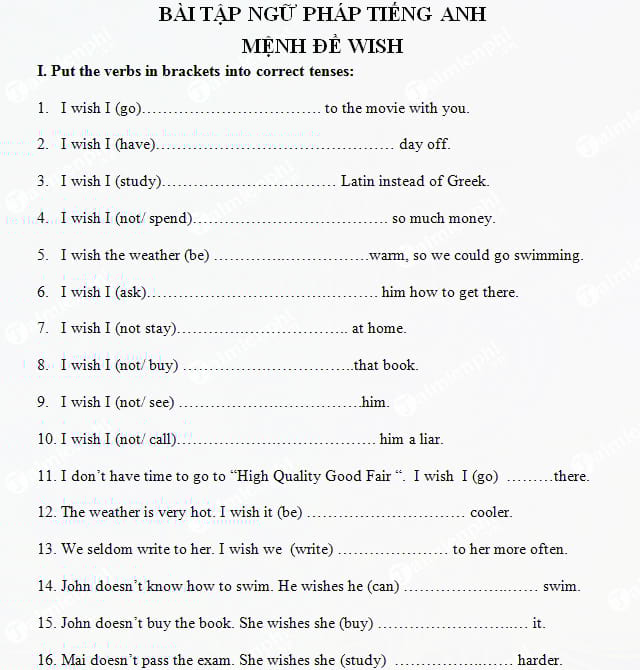 Bài tập ngữ pháp Tiếng Anh mệnh đề Wish