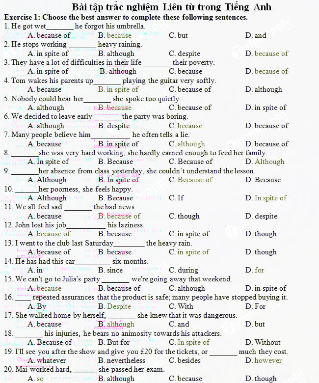 Bài tập trắc nghiệm Liên từ trong tiếng Anh
