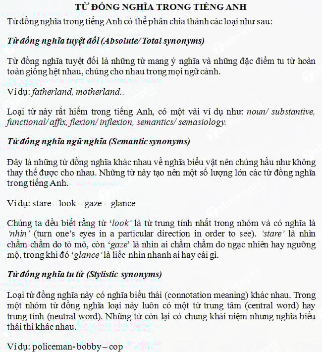 Bài tập về từ đồng nghĩa trong Tiếng Anh