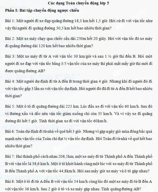 Bài tập toán chuyển động lớp 5