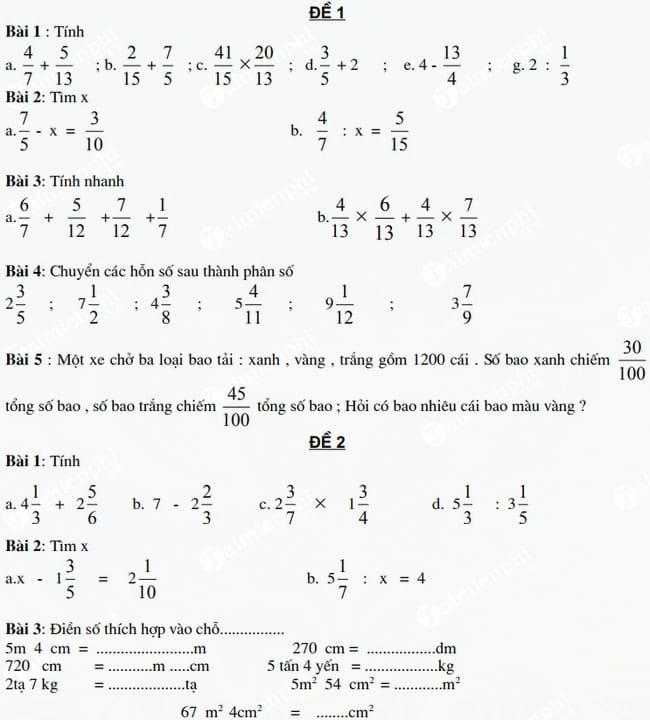 Bài tập ôn hè môn Toán cơ bản lớp 5