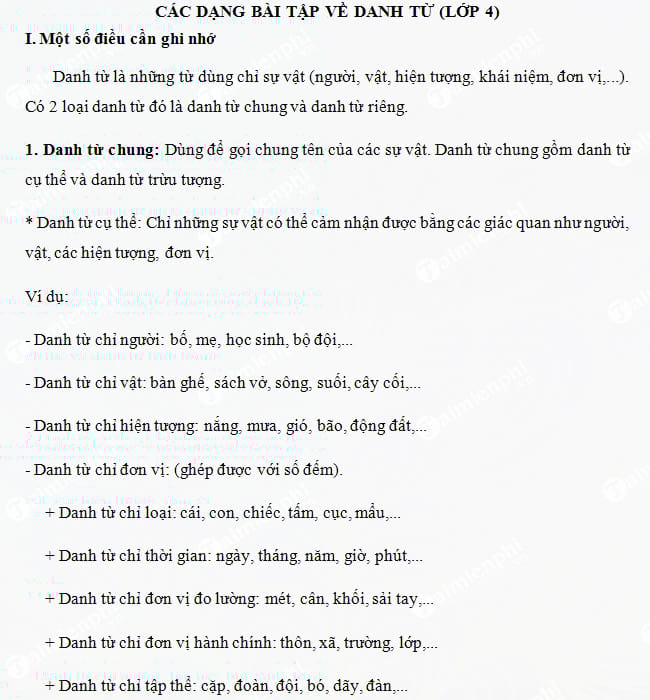 Các dạng bài tập về danh từ lớp 4