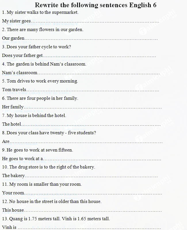 Bài tập viết lại câu môn Tiếng Anh lớp 6