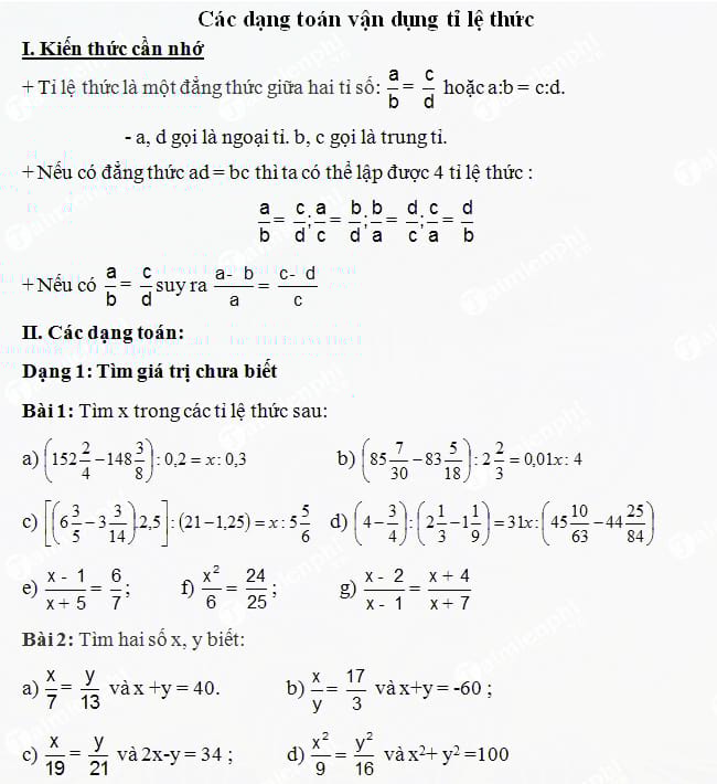 Các dạng toán tỉ lệ thức Toán lớp 7