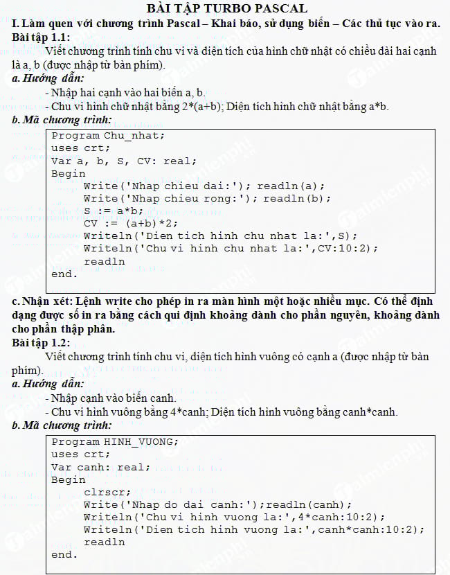 Bài tập Pascal lớp 8