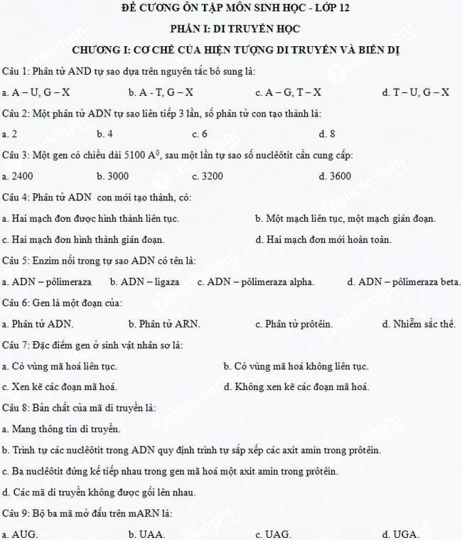 Đề cương ôn tập Sinh học 12