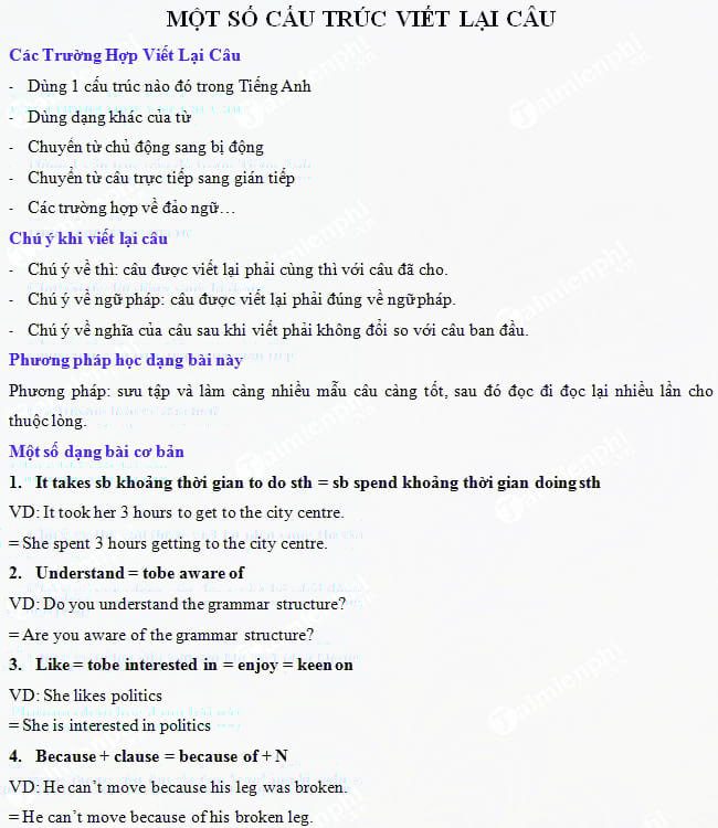 Một số cấu trúc viết lại câu trong Tiếng Anh