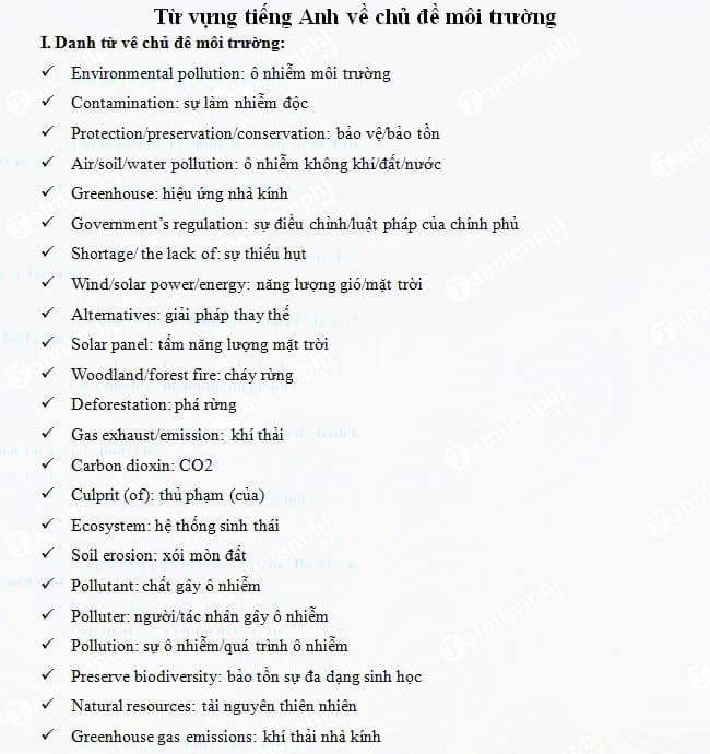 Từ vựng tiếng Anh về chủ đề môi trường