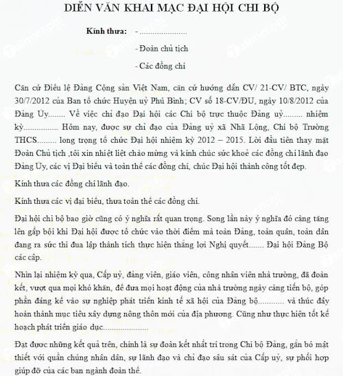 Diễn văn khai mạc Đại hội chi bộ