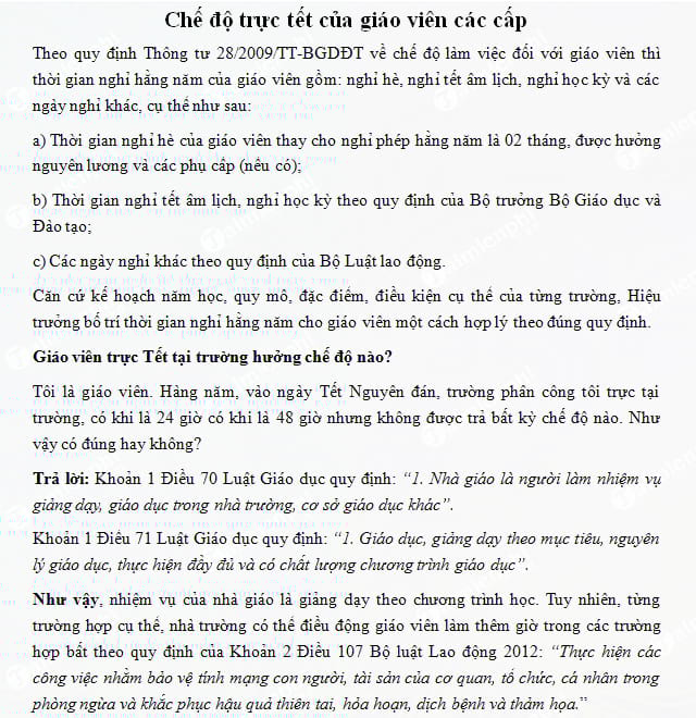 Chế độ trực Tết của giáo viên