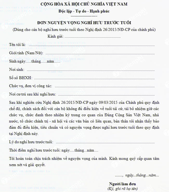 Đơn xin nghỉ hưu trước tuổi