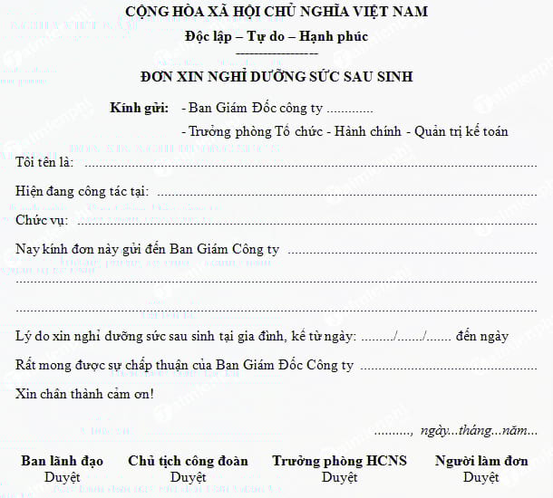 Mẫu đơn xin nghỉ dưỡng sức sau sinh