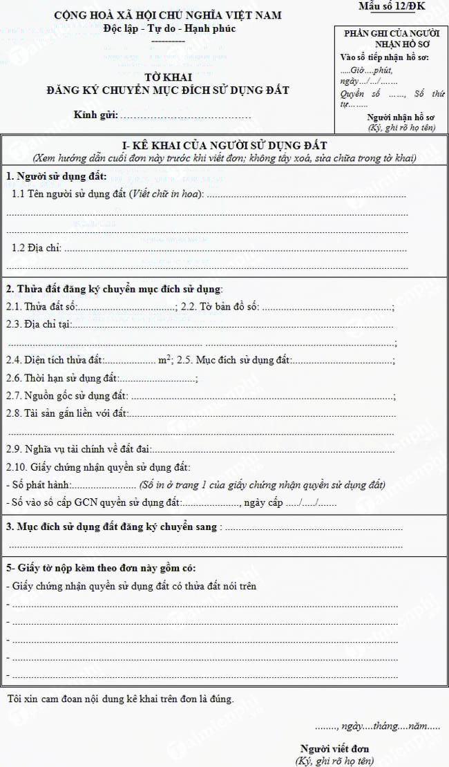 Tờ khai đăng ký chuyển mục đích sử dụng đất