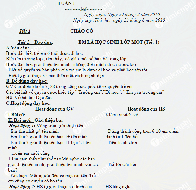 Giáo án lớp 1 trọn bộ