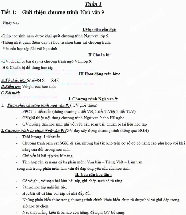 Giáo án dạy thêm môn Văn 9