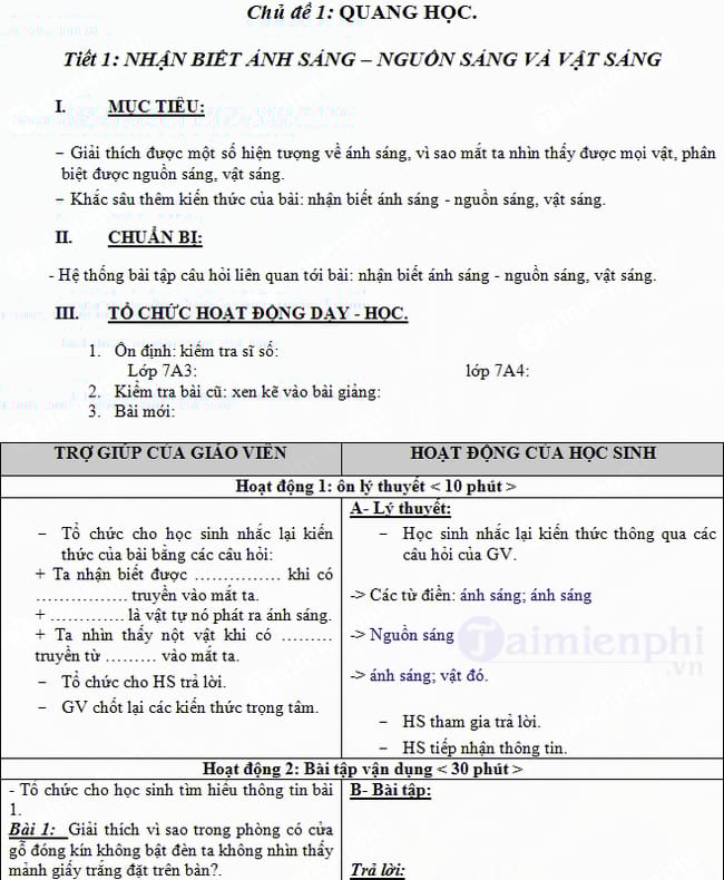 Giáo án bồi dưỡng Vật Lý 7