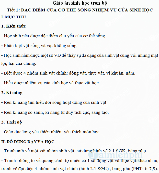 Giáo án môn Sinh học lớp 6