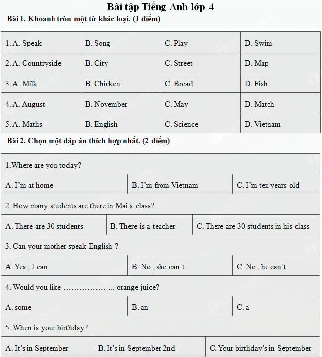 Đề thi tiếng Anh lớp 4