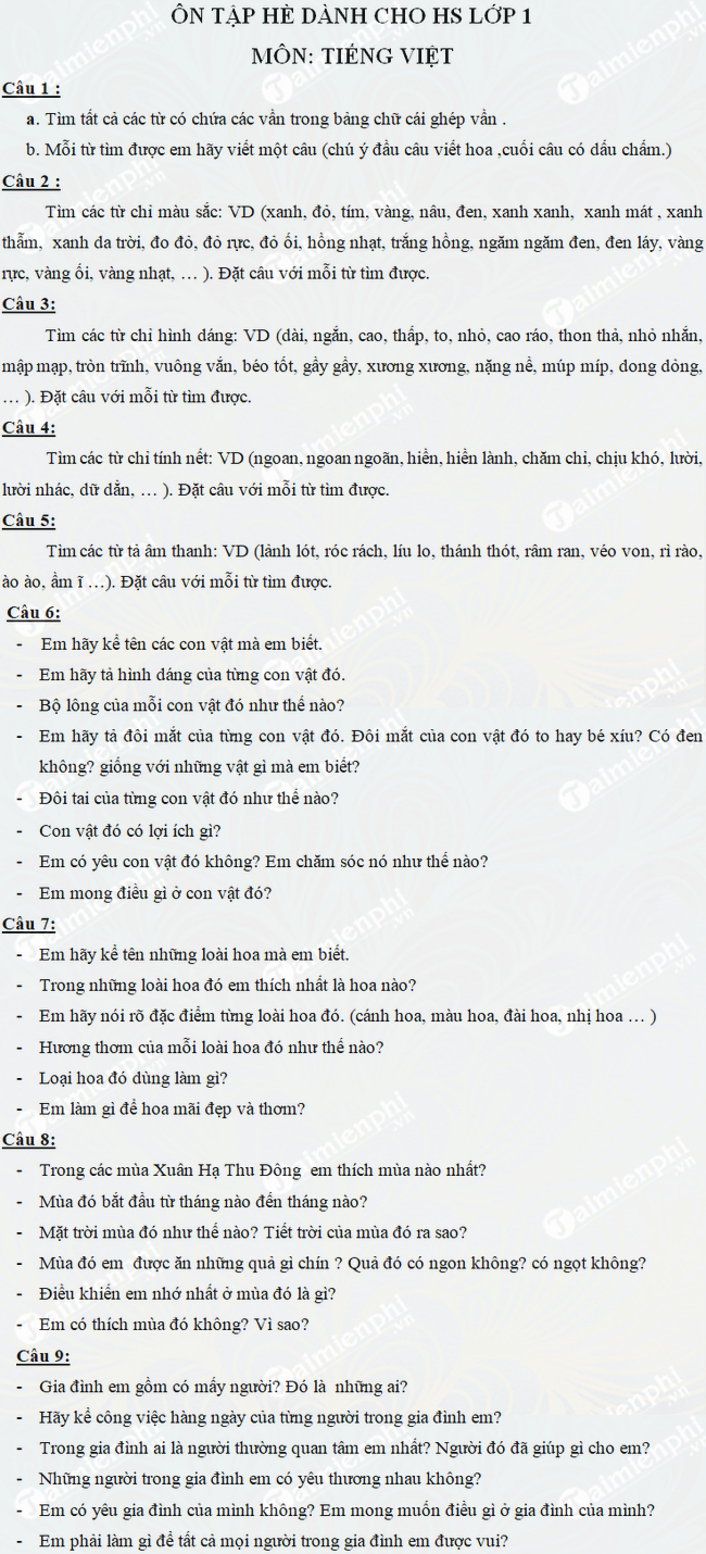 Bài tập ôn hè môn Tiếng Việt lớp 1