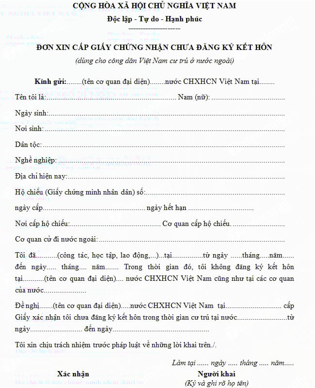 Đơn xin cấp giấy chứng nhận chưa đăng ký kết hôn