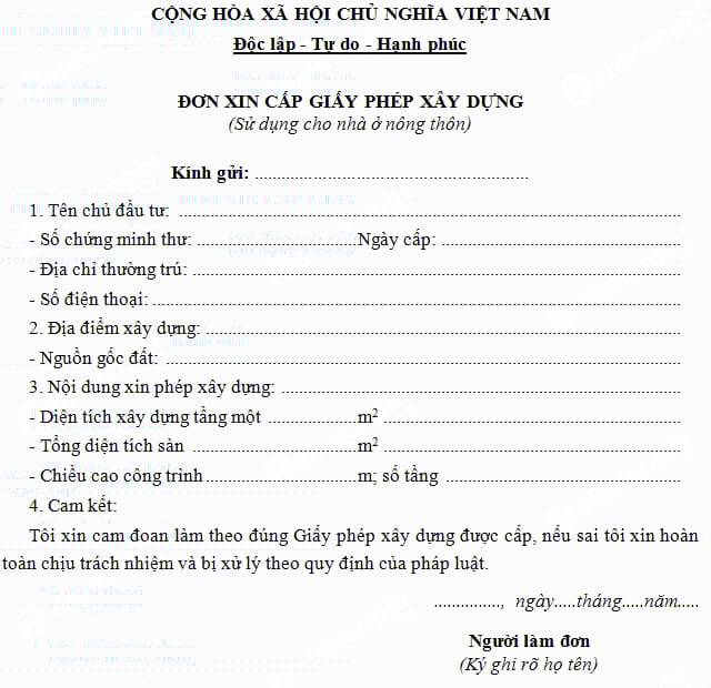 Đơn xin cấp phép xây dựng cho nhà ở nông thôn