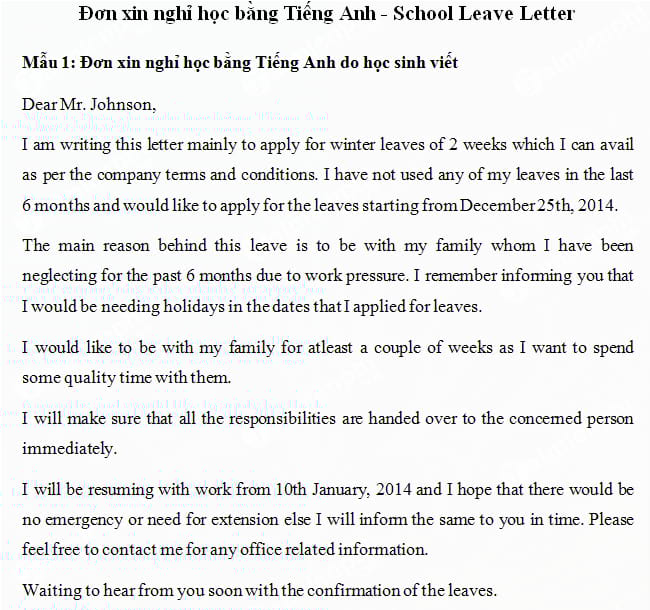 Đơn xin nghỉ học bằng Tiếng Anh