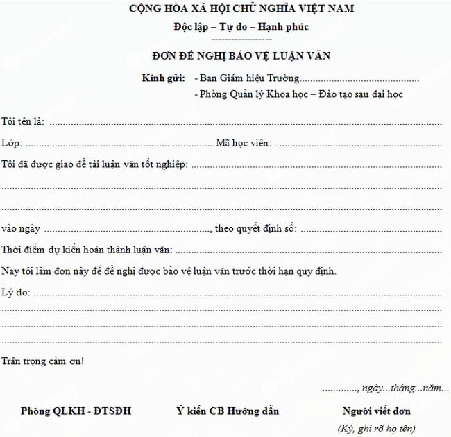 Đơn xin bảo vệ luận văn sớm trước thời hạn