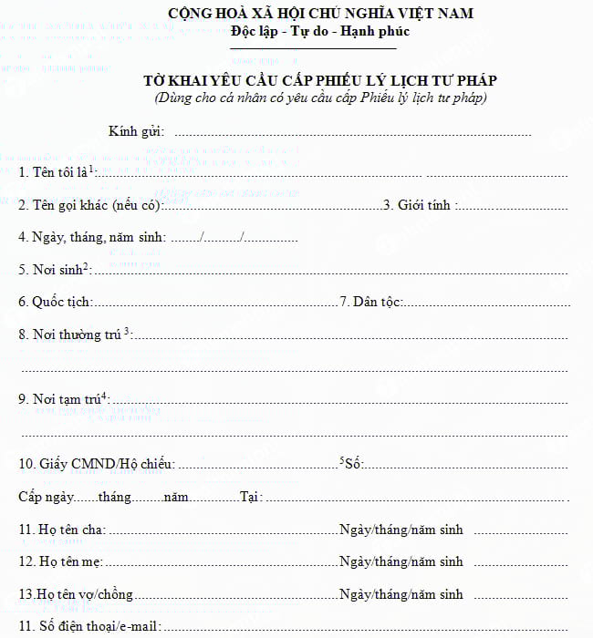 Tờ khai yêu cầu cấp phiếu lý lịch tư pháp