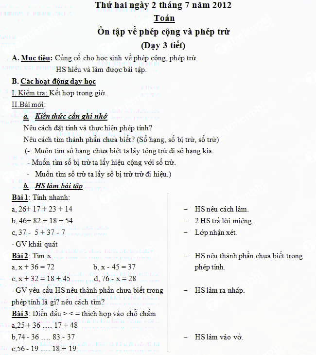 Giáo án dạy hè Lớp 2 lên Lớp 3