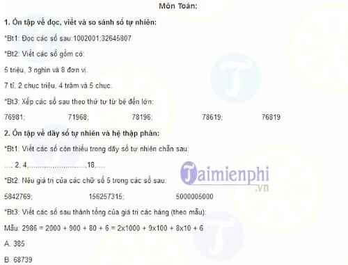 Ôn tập hè môn Toán và Tiếng Việt lớp 4 lên lớp 5