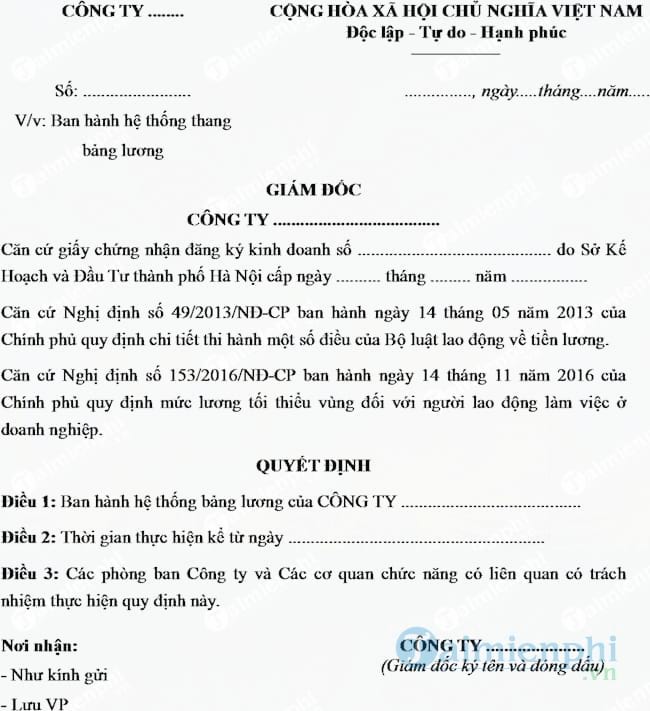 Mẫu quyết định ban hành hệ thống thang bảng lương của doanh nghiệp