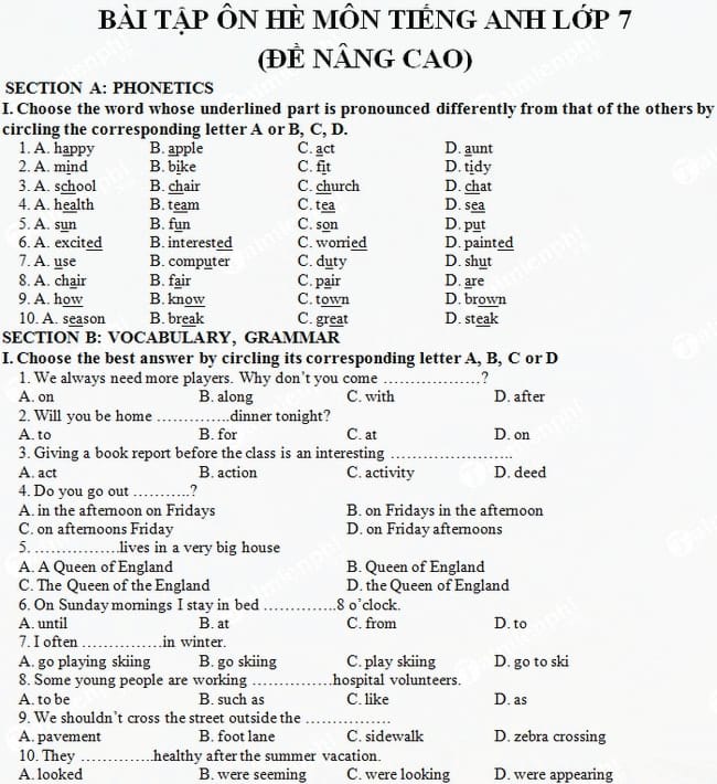 Bài tập ôn hè môn Tiếng Anh lớp 7 (Đề nâng cao)