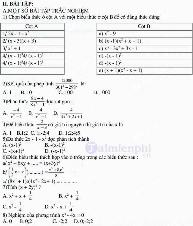 Đề cương ôn tập hè môn Toán lớp 8
