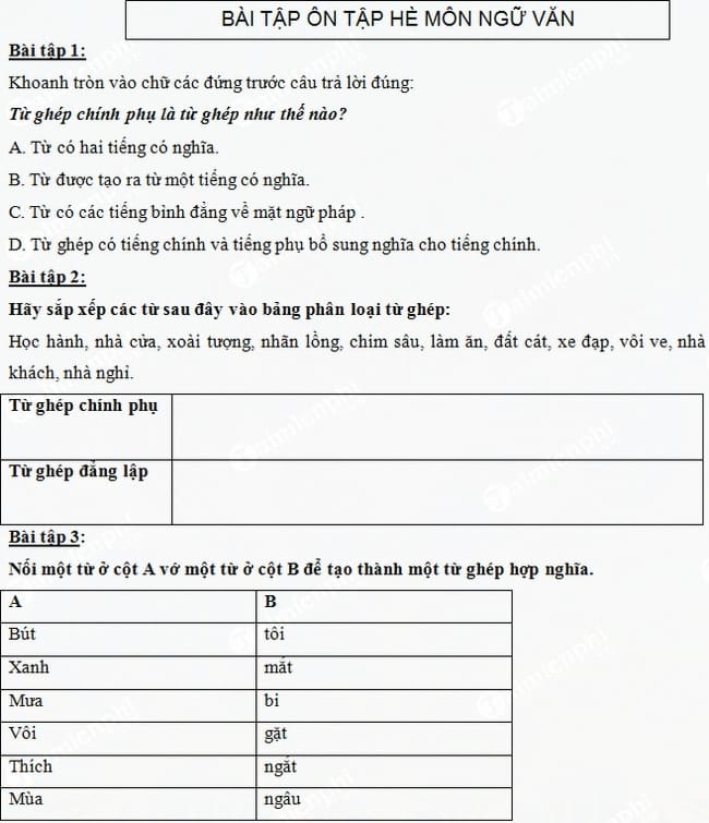 Bài tập ôn hè môn Ngữ văn lớp 6