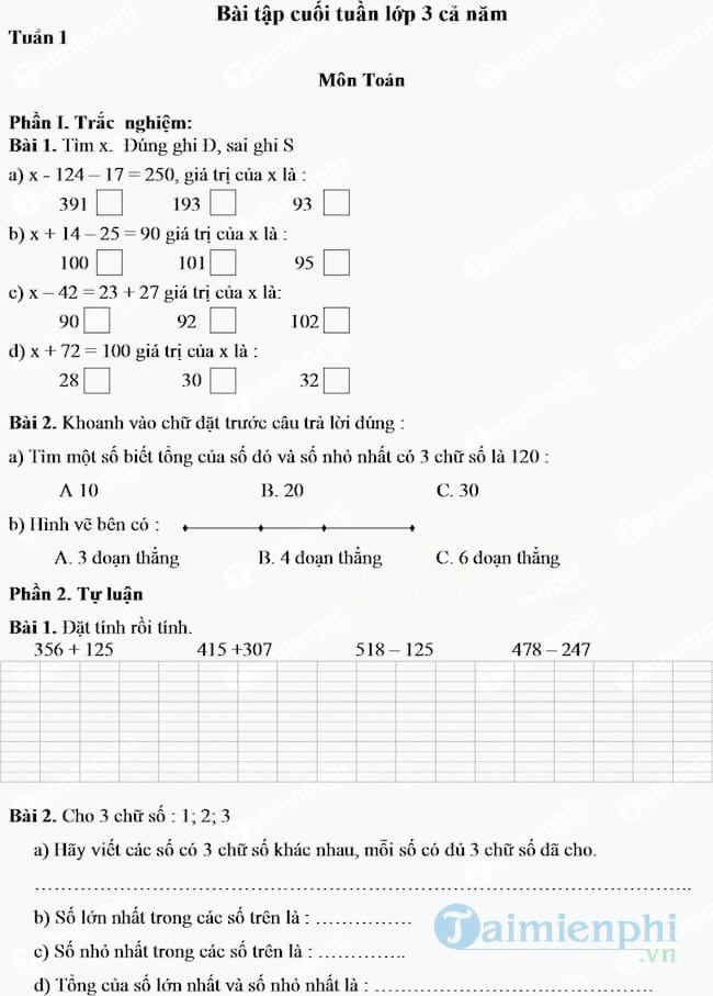 Bài tập cuối tuần lớp 3 cả năm