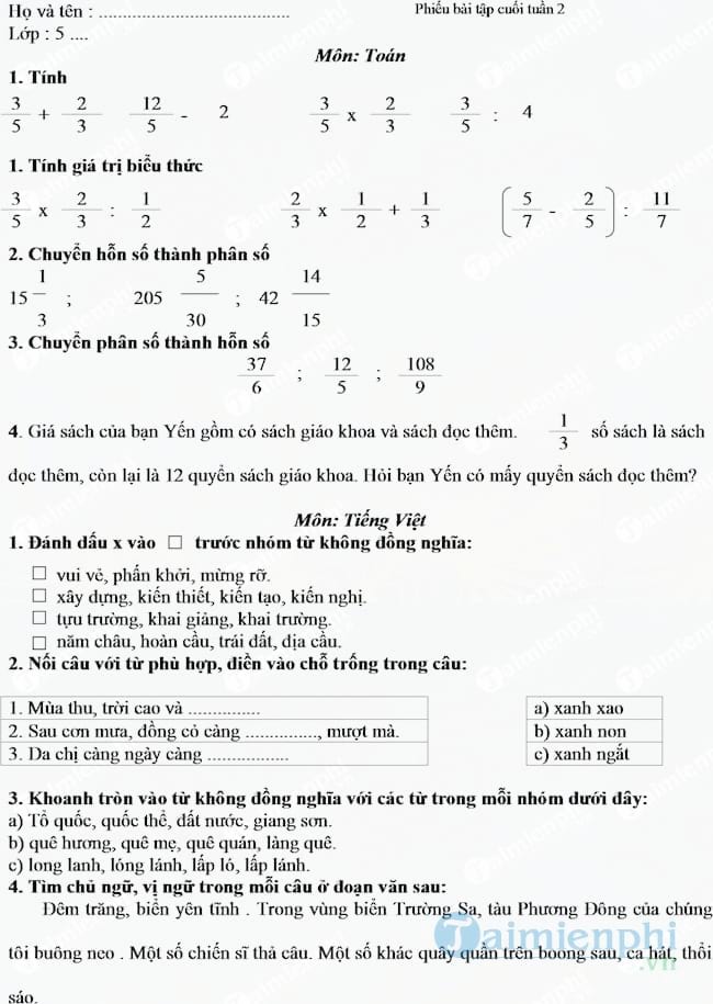 Bài tập cuối tuần lớp 5 cả năm