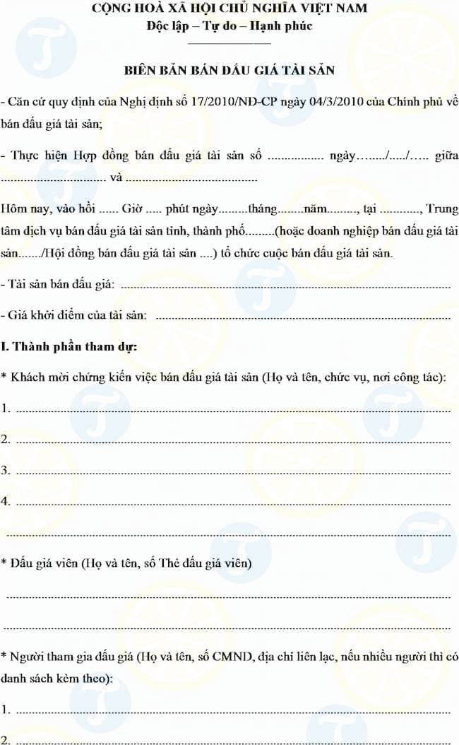 Mẫu biên bản bán đấu giá tài sản