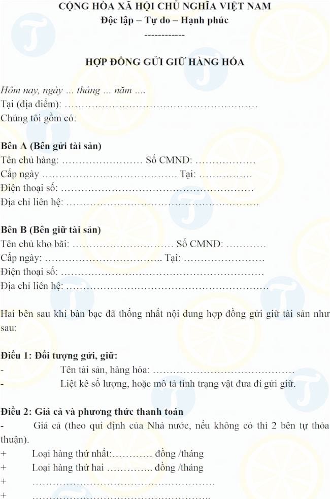Mẫu hợp đồng gửi giữ hàng hóa
