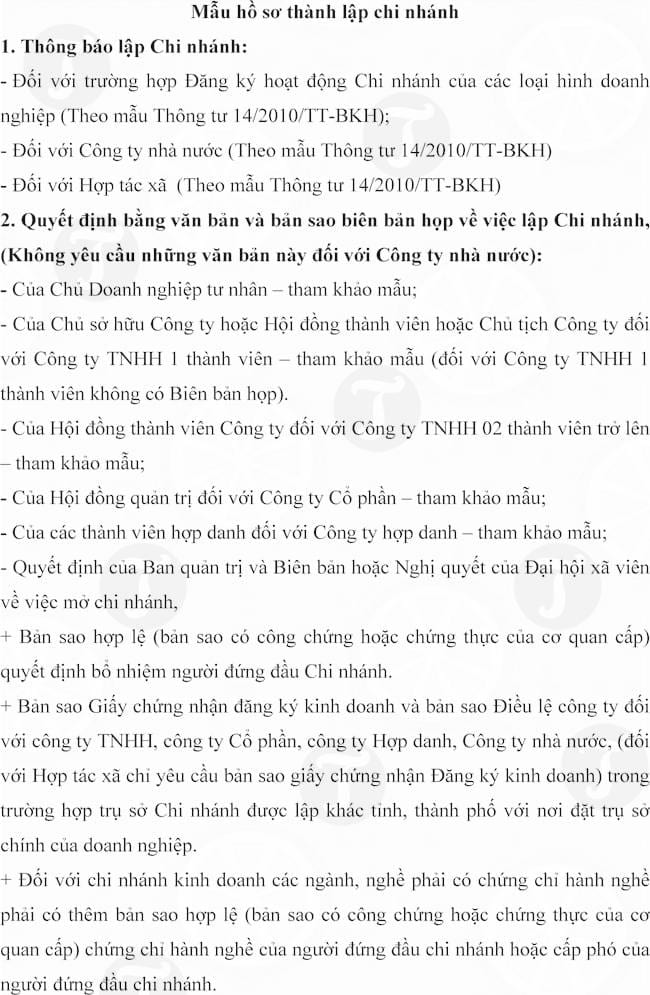 Mẫu hồ sơ thành lập chi nhánh