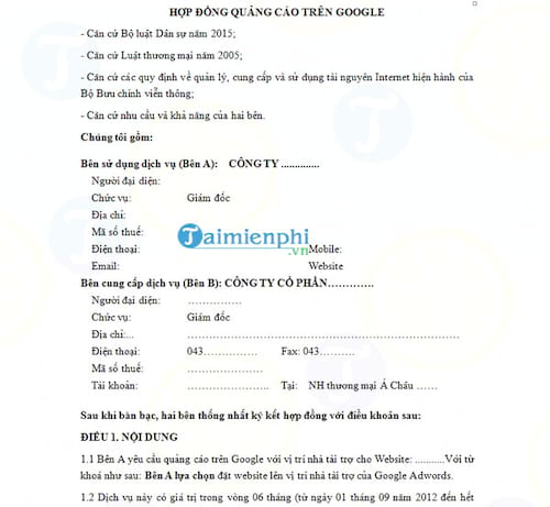 Mẫu hợp đồng quảng cáo trên google