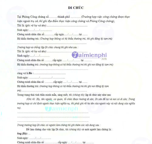 Mẫu di chúc lập tại văn phòng công chứng