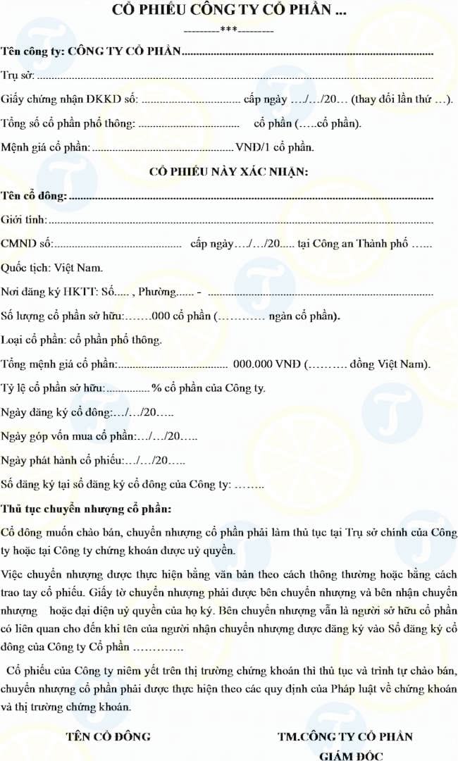 Mẫu cổ phiếu do công ty cổ phần phát hành